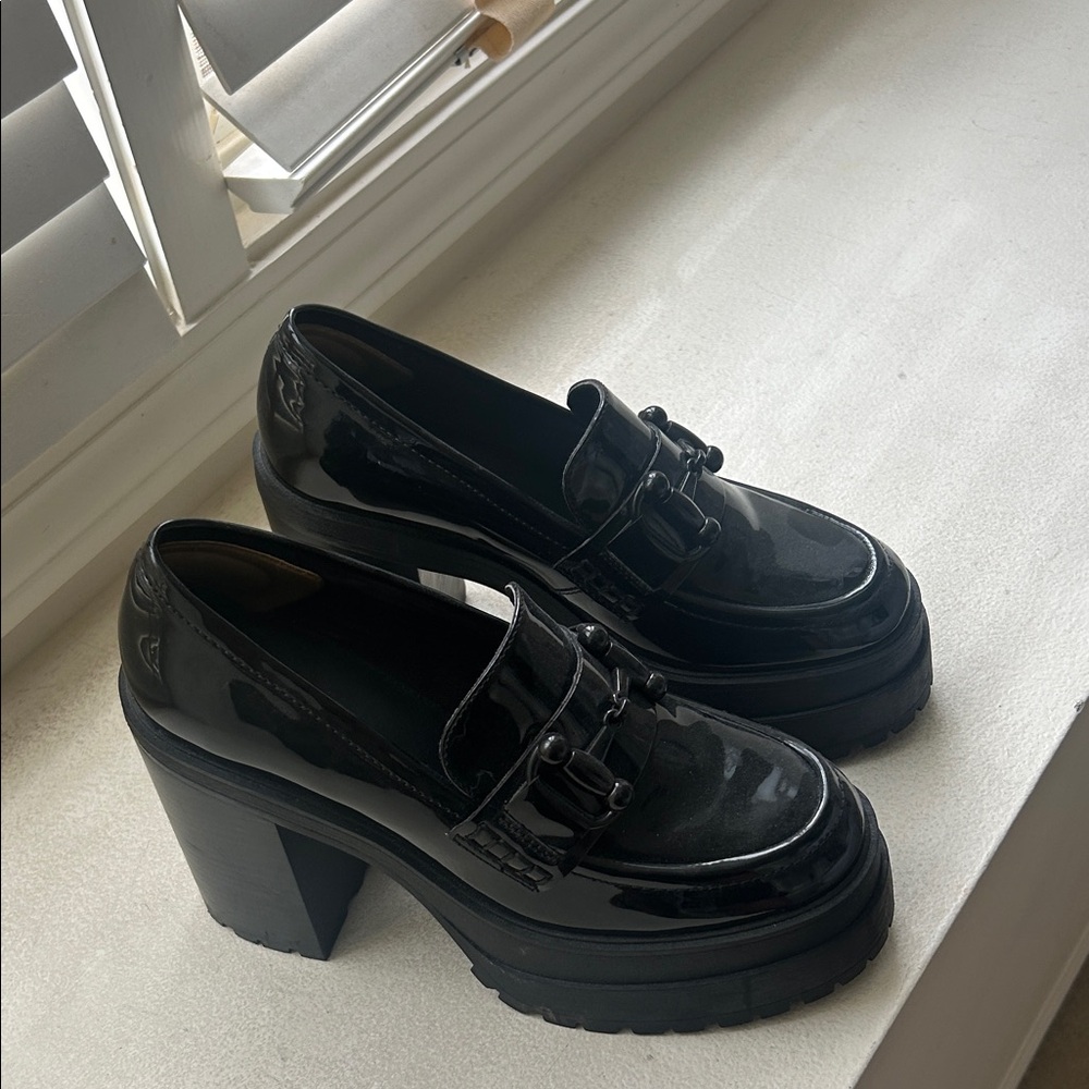 Aldo Black Patent Chunky Heel Loafers